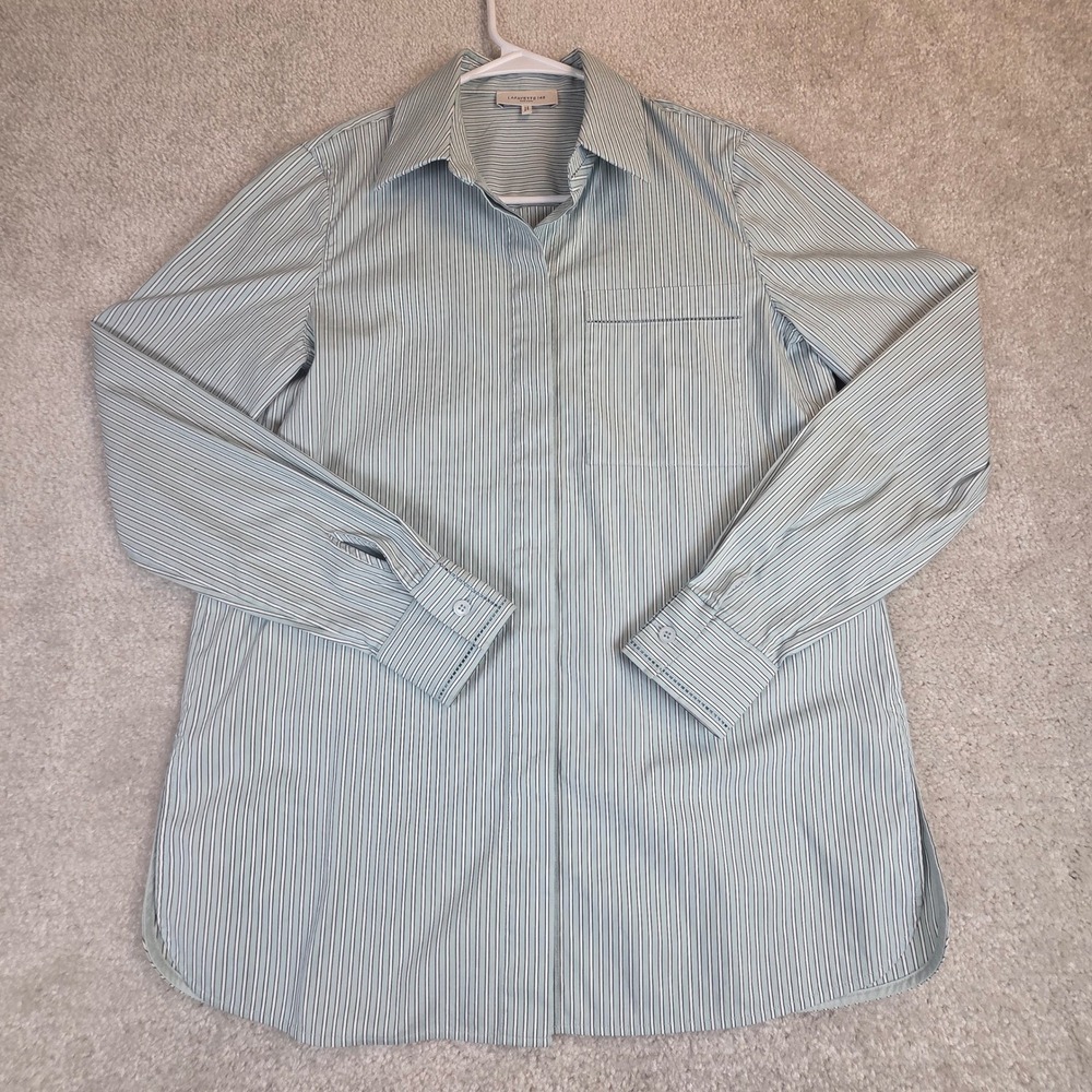 Lafayette 148 New York Striped Button Down Shirt Blue White Cotton Blend XS